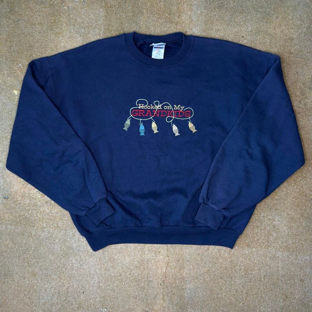 Vintage Hooked On My Grandkids Fishing Crewneck Sweatshirt Mens XL Navy